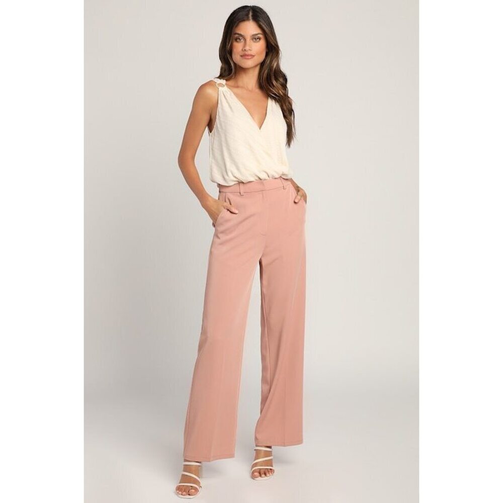 Lulus So Get This Rusty Rose High-waisted Wide-leg Trouser Pants Pink - Size L
